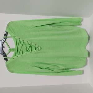 New Lime Green V-Neck Tie Up Long Sleeve Tunic Top XL = 16